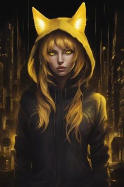 woman with glowing yellow cat eyes, wearing dark hoodie, very detailed, sharp focus, random background, fantasy, stunning