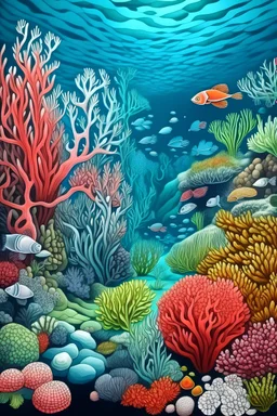 undersea life with corals and the picture looks like a drawing