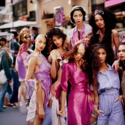 high resolution color photography with a 5 0 mm f / 2 2 lens of a group of beautiful young mixed race models in a busy shopping street, having a friendly conversation, wearing elegant dresses, colorful glitter makeup, colorful hair, pedestrians passing in front and behind them, fine art photography, soft focus, steven meisel, 90s fashion photography, fashion photography, hugo comte, Kodak portra 4 0 0, 8 k, soft light, volumetric lighting, highly detailed