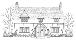 A highly detailed front elevation line drawing of Harry Potter's The Burrow.