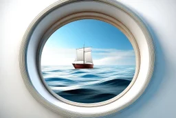 white,background,looking,through,a 3-d, hole,or,window,,a,seeing into an,ocean,with,sailing,boat