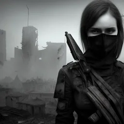 women, faces covered in black masks, ragged clothes, holding flag, war-torn, destroyed city in the background, 8k resolution, hyperrealistic, detailed matte painting, b&w, dynamic lighting, war, anarchy, terrorists