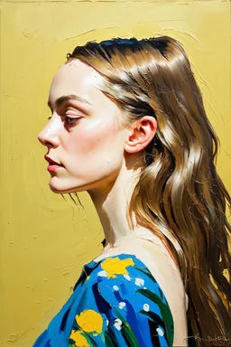 Lily-rose Depp, long hair, profile, ,tired,in the style of matisse, oil painting