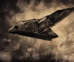 Portrait d'un Vaisseau spacial Skyfighter, série V, Visiteurs, par leonard de vinci, sur un vieux parchemin, vieux papier usé, angle parfait, couleurs parfaites, très détaillé, très intriqué, très réaliste, hdr, 8k, rendu octane