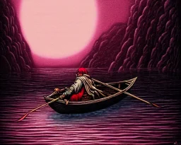 Charon the ferryman in his boat on the river Styx, red black purple colours, 8k, high definition, fantasy art, winding river, sharp jagged rocks, high contrast colours, sharp detail,