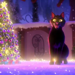 black Cat tangled up in christmas tree lights holiday