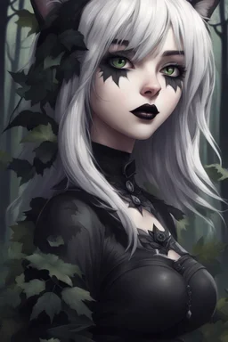 CAT GIRL, goth, forest, nature, cartoon, leaves, half black half white hair, boobs, portrait