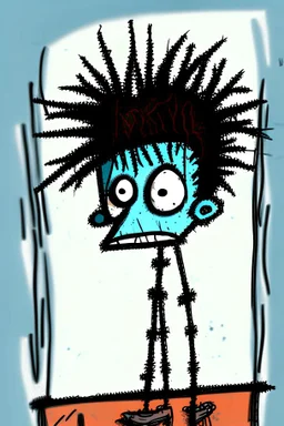 2d drawing of a stickman, cool with punk hair, x eyes like in hangman, driving a porch, 3d realistic in colour