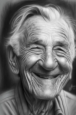 drawing, portrait, old, old, wrinkles, features, smiling, white, lead, charcoal