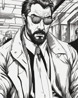 a young man with big muscles who looks like hans gruber wearing a heavy coat and red sunglasses staring with an irritated look on his face