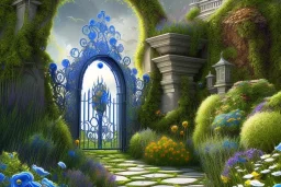 intricate ornate gate, garden, path, flowers, fine detail, high quality, Biopunk, mystical,