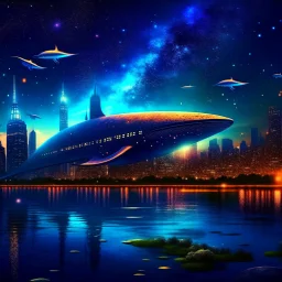 A future city on the back of a heavenly whale swimming in space filled with stars and planets