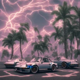 1980's aesthetic vaporwave palm trees and spheres and Porsche with lightning