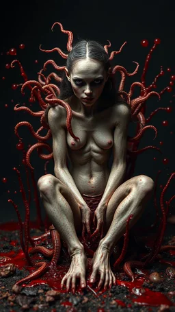 Petit weird woman with many worms from his body, sit pose, fullbody, splashes blood, behind guts rising from the ground, darkred tones, macro photography,
