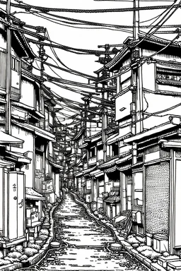 Poor neighborhood Tokyo, line arts, manga style