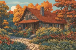 museum quality color woodcut landscape of a fanciful 1920's rustic French country cottage in the style of Gustave Baumann, with a fine art aesthetic, highly detailed, finely cut ,8k render, muted fall colors