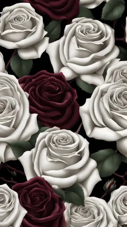 burgundy white roses with black leaves covered with dew drop, cold, dark, gloomy, gothic