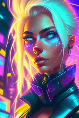 a blonde&ash haired supermodel heterochromia eyes, in a futuristic scifi city, high fashion, Neon lighting, cyberpunk, Highly detailed, Digital painting, Artstation, Sharp focus, art by loish and artgerm and greg ruthkowski and chris ryniak and simon stalenhag.