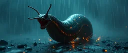 horrible space slinky slug in the style of giger, in fog and spectacular spark rain