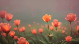 closeup orange tulip growing in pastel colored rose forest, trees, flowers, fairy lights, night, 8k, high quality, trending art, trending on artstation, sharp focus, studio photo, intricate details, highly detailed, by greg rutkowski