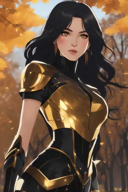 Young woman with long and wild black hair, gold eyes, wearing black and gold clothes, autumn trees in background, wearing a skirt, futuristic golden gauntlets, futuristic clothes, RWBY animation style