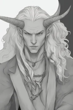 A dnd character portrait, a tiefling man with long hair and long black horns, white eyes and pale skin. Rogue.