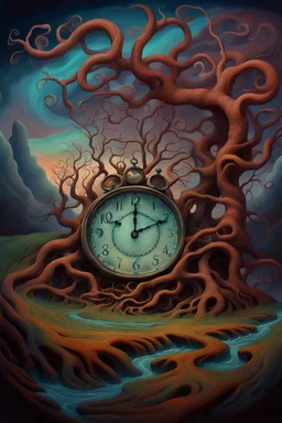 A digital painting of a grotesque, surreal landscape, embodying the chaos of the subconscious showing a distorted clock and shaped trees with twisted roots float above a ground with colorful waves and swirls. This landscape is like a dream world. Use exaggerated proportions, and a digital brush texture of oil paint.