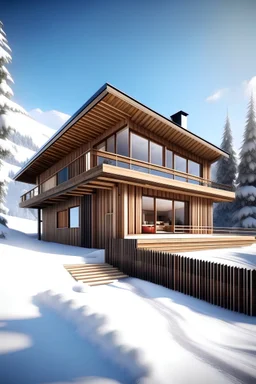 Modern House wood in the moutain with snow, christmas atmosphere, Sunny weather