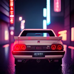 nissan skyline r34; tokyo; realistic; rain; neon signs