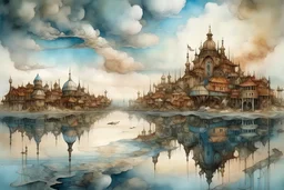 The place where the Dream and its followers live. A reflection of the sky. Watercolor, fine drawing of tresor from santa maria , pixel graphics, lots of details, delicate sensuality, realistic, high quality, work of art, hyperdetalization, professional, filigree, hazy haze, hyperrealism, professional, transparent, delicate pastel tones, back lighting, contrast, fantastic, nature+space, Milky Way, fabulous, unreal, translucent,