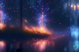 lightning sparkling christmas lights in forest, on lakeside in sunshine detailed matte painting, deep color, fantastical, intricate detail, splash screen, complementary colors, fantasy concept art, 8k resolution trending on Artstation Unreal Engine 5