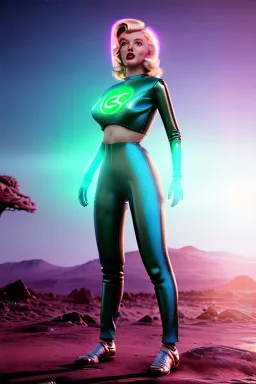 Realistic movie image, retro sci-fi, portrait, blonde action woman, sweet Marylin Monroe face, perfect iris, glow eyes. tight latex tights suit. Mars attack style, Retro strange planet, ovni flying. epic style, vibrant color, highly detailed, unreal engine 5, ray tracing, RTX, lumen lighting, ultra detail, volumetric lighting, 3d, finely drawn, high definition, high resolution.