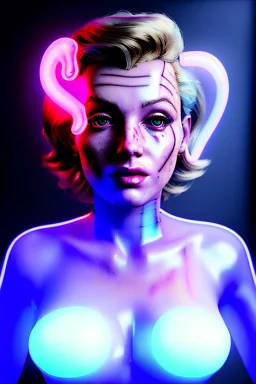 Ultra Realistic image, portrait, blonde woman, sweet Marylin Monroe face, perfect iris, glow eyes, glow makeup. Cyborg, Cyberpunk style, oversized transparent latex coat, yakuza tattoos body. fog, rain, soft color, highly detailed, unreal engine 5, ray tracing, RTX, lumen lighting, ultra detail, volumetric lighting, 3d, finely drawn, high definition, high resolution.