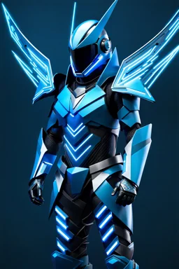 neon blue, flying parts of armor in form of triangles, cyber armor, geometric patterns on armor, male, orbiting triangle, armor drones