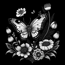 black and white butterfly flying around seeds and big flowers. black background. for a coloring.