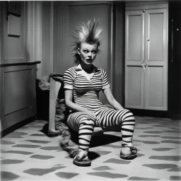 [horror monster series collector cards (1961)] This is not a creature. It is a consequence: she is sitting down on the floor in zebra, showing off her sandals