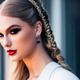 beautiful young queen with white latex bodysuit, intricate details, full body portrait, delicate white braided hair with ponytail, glass eyes, highly detailed, 8k, ambient light, taylor swift, keep head in frame