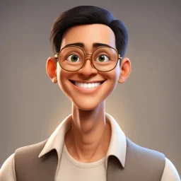 a portrait of smiling man. caricature. short black hair. light brown skin. black eye pupils. circle eyeglasses with thin gold frame. reverse oval face shape. white shirt with black vest. pixar style. 3D. 4k. portrait. highly detailed. sharp focus. high resolution. full color. cinema lighting