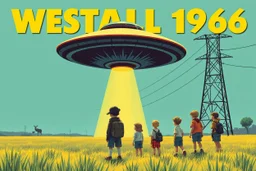 bumper sticker design, large flat ufo with small cap on top, in bold heading text "WESTALL 1966", lots of school children looking up in a field with high voltage powerline and gumtree's, mysterious cool, bold, childrens book style
