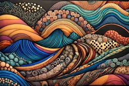 random color Zentangle patterns in the styles of Fumihiro Kato, Shane Drinkwater that depicts ocean waves, circles, dots and rolling hills