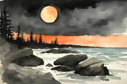 Night, mountains, rocks, gothic horror films influence, winslow homer watercolor paintings