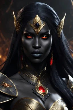dnd character art of a dark black drow sorceress. high resolution cgi, 4k, pointed ears, dark-charcoal-black skin, long black hair, golden body paint, red eyes, long golden eyebrows, unreal engine 6, high detail, cinematic.
