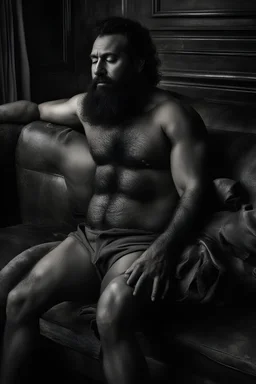 photorealistic, photography, full figure shot, an hairy men sleeping over an old sofa, hands behind the neck, Realistic photography, well defined facial features, strong muscular chubby sweat dirty arab, ugly , 38 years old , open legs, manly chest, big shoulders, manly torso, long beard, dirty ripped shorts , very dark living room, dim light, ambient occlusion, view angle from below, frontal view from the ground