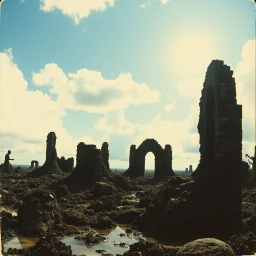 Photography polaroid close-up of a landscape with massive odd Yves Tanguy incomprehensible style, ruins, surrealism, glossy, organic, creepy mass growing, strong texture, fiotti di liquido nero, swamp, horror, panic, obsessive, hypnotic, Max Ernst rotten figures, blue sky, clouds, sun