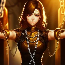 breaking out of chains, hands look realistic, chains are broken, anime, freed, breaking the links in a chain to escape, reowning her power, chain is gold