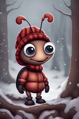 A cute cartoon ant wearing winter clothes and a hat