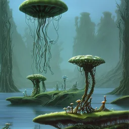 looking out over a lake, in an alien forest, flying mushrooms with jellyfish tenacles formed into gnarled trunks, Roger Dean