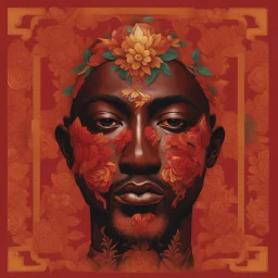🔥 PROMPT: A painting of a front-facing man, rendered in a colorful and vividly bold design. The composition features striking patterns in red, gold, and black, set against a deep red background. Floral motifs and folkloric elements are intricately woven into the design, creating a dynamic and visually rich piece. The artwork combines the expressive energy of flower power with folkloric influences, exuding a bold, appropriation art style that is both captivating and culturally vibrant.
