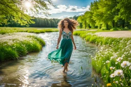 shot from front ,green field and wild flower field ,beautiful girl in pretty dress curly hair walking in water toward camera in trees next to wavy river with clear water and nice sands in floor.camera capture from her full body front, spring blosom walking to camera ,wild flowers moving in the wind ,blue sky,moving pretty clouds ,joy full facet.