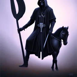 portrait of grim reaper with scythe, hoodie and horse, oil painting and spray